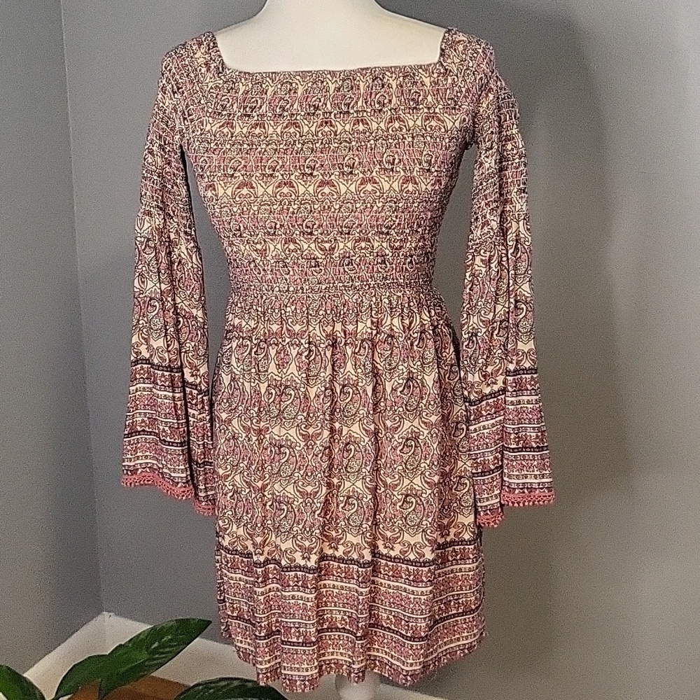 Xhilaration Boho Smocked Top Paisley On or Off Shoulder Lined Mini Dress  Size S